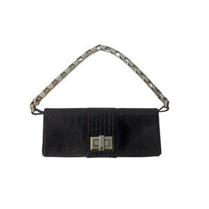 Kooba Black Patent Leather Chain Strap Clutch Purse With Quilted Detail & Metal